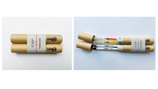 サステナビリティ推進の一環として、自社排出古紙と使用済みクリヤーホルダーを再利用したエコノベルティ「Loopa ＆ Looplaペンセット」を製作