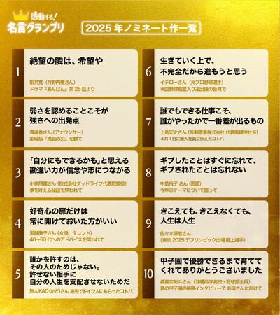 『あんぱん』の名言「絶望の隣は、希望や」ほか、イチロー選手、黒柳徹子さんら名言がノミネート！2025年「感動した！」コトバは？第9回「名言グランプリ」開催！