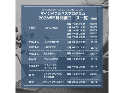 【2026年5月開講・受講者募集】ストレス低減、認知療法、マインドフルイーティングまで ― エビデンスに基づくマインドフルネス各種コース、全12クラスをオンラインで一斉開講