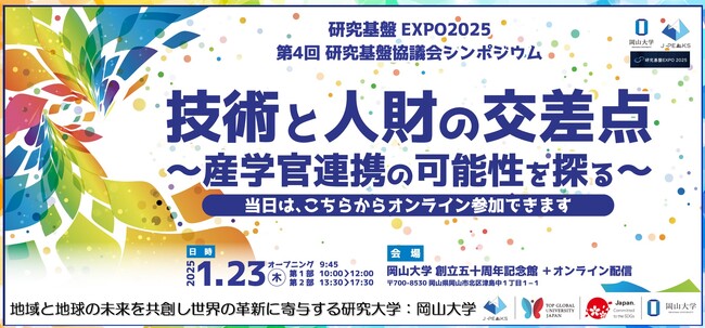 【岡山大学】研究基盤EXPO2025 第4回研究基盤協議会シンポジウム「技術と人財の交差点～産官学連携の可能性を探る～」〔1/23,木 ハイブリッド開催〕