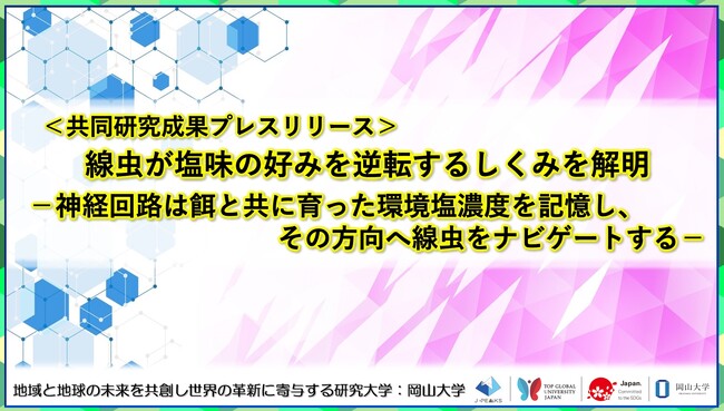 線虫が塩味の好みを逆転するしくみを解明-神経回路は餌と共に育った環境塩濃度を記憶し、その方向へ線虫をナビゲートする-〔岡山大学, 室蘭工業大学〕