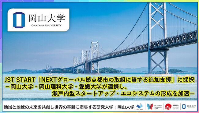 【岡山大学】JST START「NEXTグローバル拠点都市の取組に資する追加支援」に採択-岡山大学・岡山理科大学・愛媛大学が連携し、瀬戸内型スタートアップ・エコシステムの形成を加速-