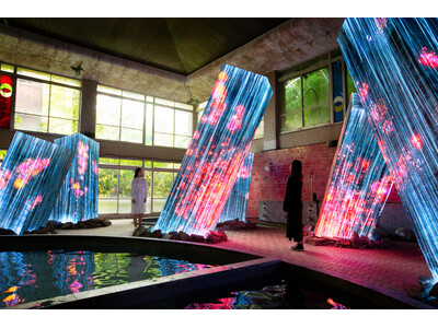 チームラボと殿堂入りサウナがコラボレーションした常設展「チームラボ 廃墟と遺跡：淋汗茶の湯」が、九州・御船山楽園で開催中。12月7日(日)まで、ランプの作品が秋の景色に。園内では紅葉まつりも開催