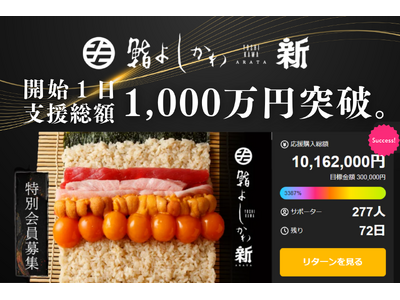 開始わずか1日で支援総額1,000万円突破！「鮨よしかわ 新 -ARATA- 六本木」がクラウドファンディングで早くも支持を獲得。
