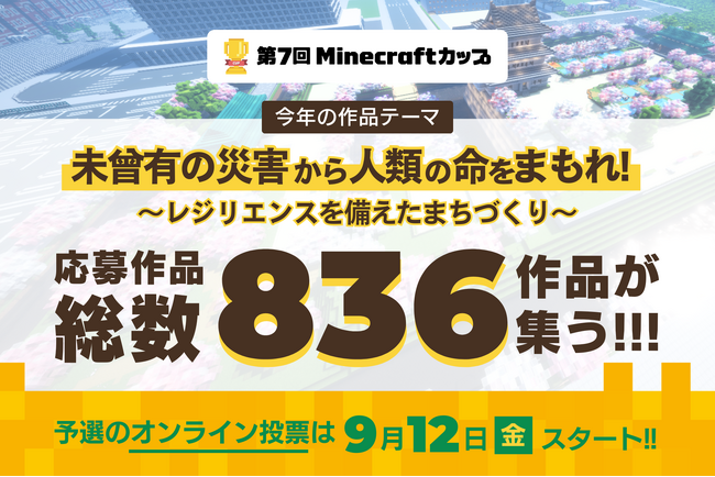 プレスリリース「第7回Minecraftカップ「災害に立ち向かう力」をテーマに高校生以下の子ども達が制作した836作品が全国・海外から集結！9月12日から予選オンライン投票がはじまります。」のイメージ画像