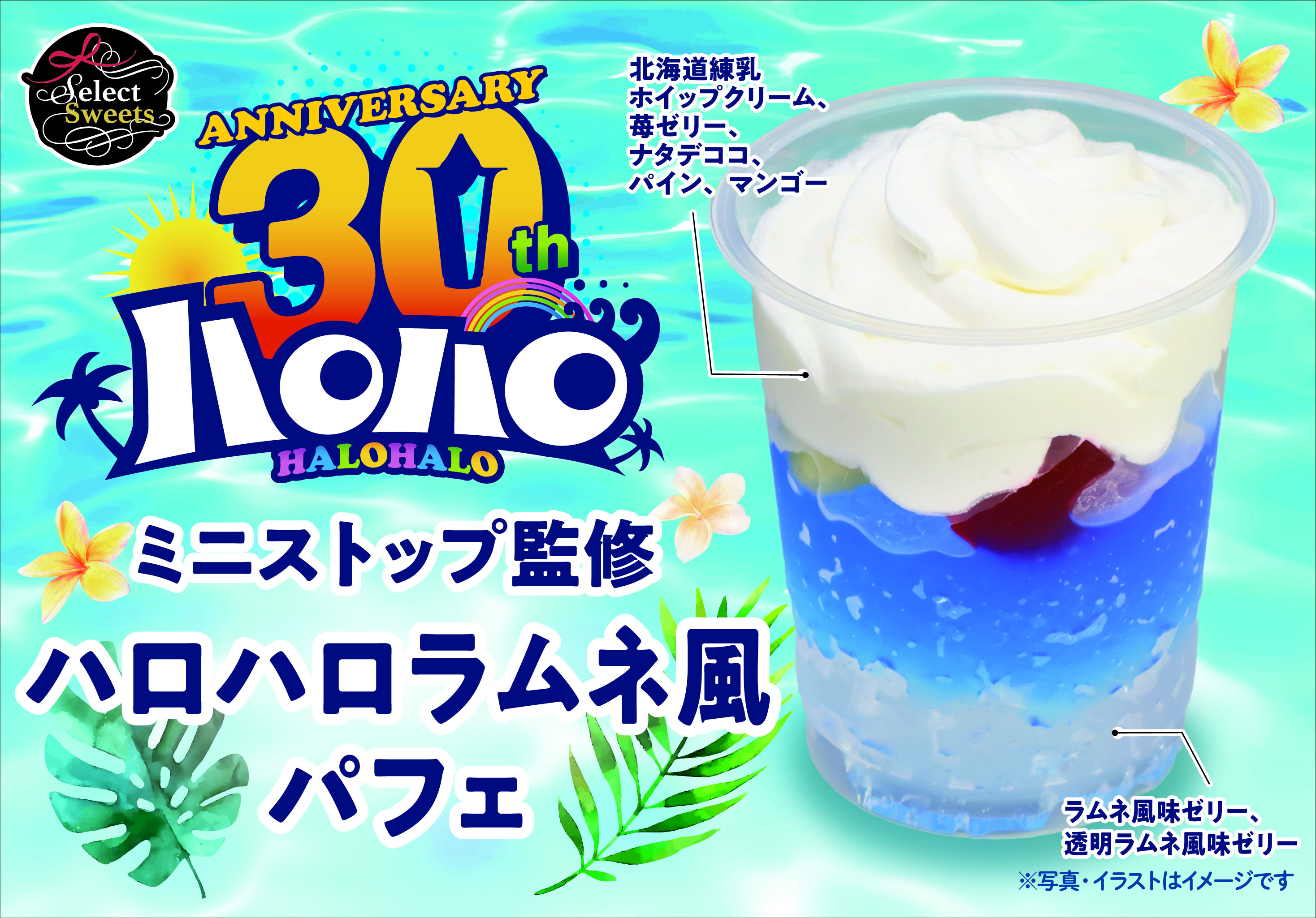 ３０周年を迎えたミニストップ夏の風物詩「ハロハロラムネ」を再現した爽やかなパフェがイオンに登場！７月１８日（金）から期間限定販売。