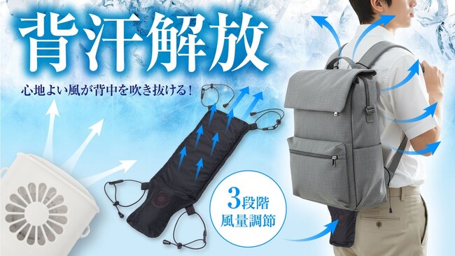 【マクアケ新プロジェクト】リュックに付けるだけ！背中を通り抜ける風が気持ちいい！快適クールファンシート！