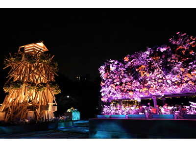【東京・木場公園】咲き誇る桜と光り輝く立体花壇。高さ3.5m「角材の常夜灯」が誘う早春の花のイルミネーション。地域の園児も花植えに参加、日中も夜も美しい「光と花の17日間」が開始！