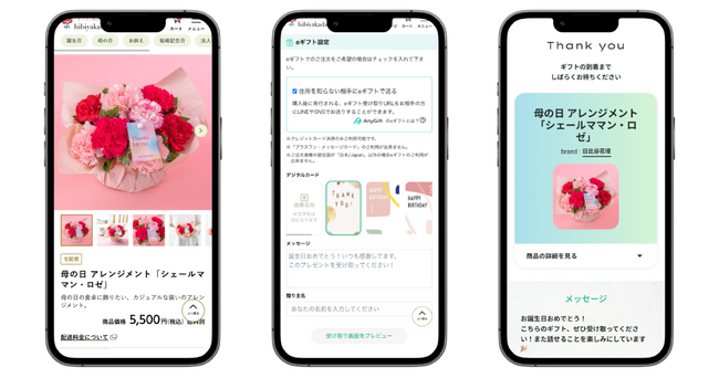 相手の住所を知らなくてもフラワーギフトをLINEなどのSNSで気軽に贈れる！日比谷花壇オンラインショップでeギフトサービス『AnyGift』を導入。
