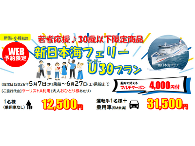 【新日本海フェリー・新潟-小樽航路限定】３０歳以下限定！船旅でGO！旅行にも帰省にも使える「新日本海フェリーU３０プラン」5月・6月乗船発売！