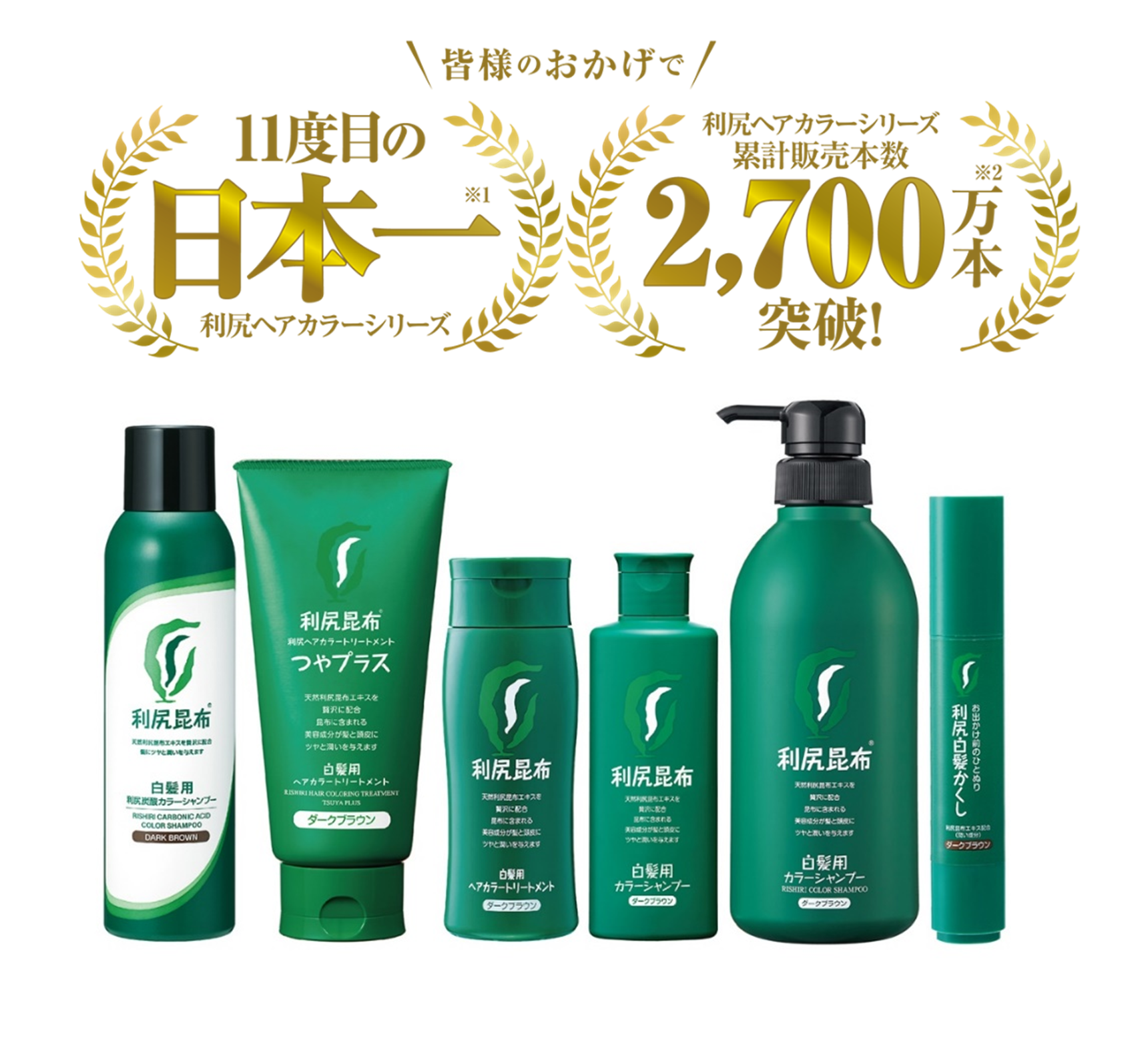 【白髪用】利尻ヘアカラーシリーズ白髪用ヘアカラートリートメント部門において、11度目の売上シェア日本一*1を獲得!
