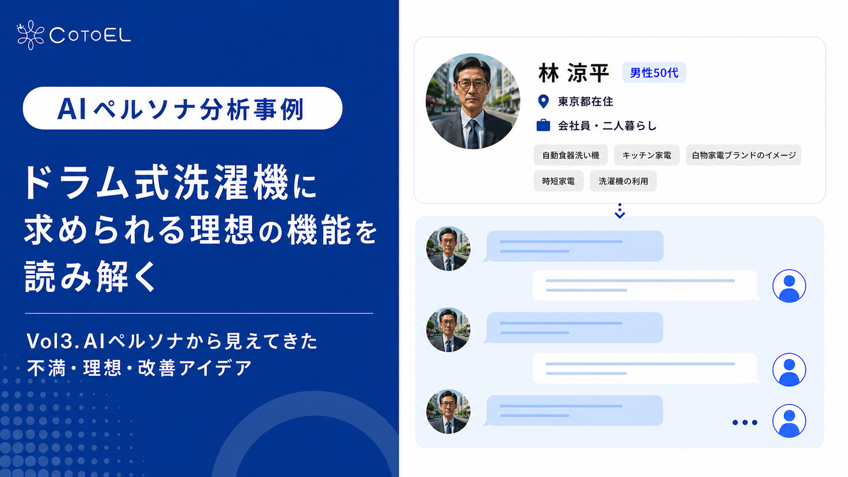 【AIペルソナ分析事例】CotoELで読み解く、ドラム式洗濯機に求められる理想の機能 ～AIペルソナから見えてきた不満・理想・改善アイデア～