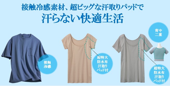 2025夏号カタログから、汗対策におすすめの『ジャケットの衿が汚れにくいキレイめＴシャツ』、『大きな汗取りパッド付きフレンチ袖』、『背中二重大きな汗取りパッド付き３分袖』がセシールから新発売！