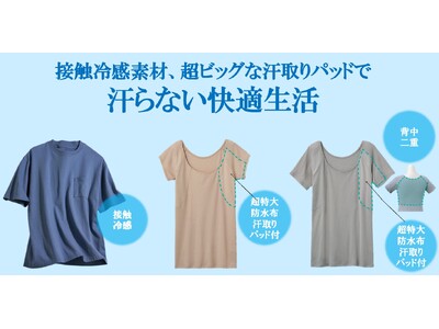 2025夏号カタログから、汗対策におすすめの『ジャケットの衿が汚れにくいキレイめＴシャツ』、『大きな汗取りパッド付きフレンチ袖』、『背中二重大きな汗取りパッド付き３分袖』がセシールから新発売！