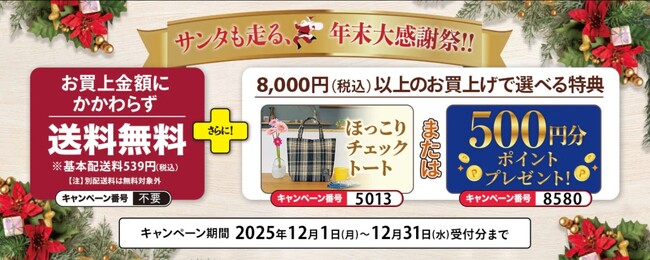 プレスリリース「年末大感謝祭！！送料無料+ほっこりチェックトートバッグまたはポイントプレゼントキャンペーン実施中！」のイメージ画像