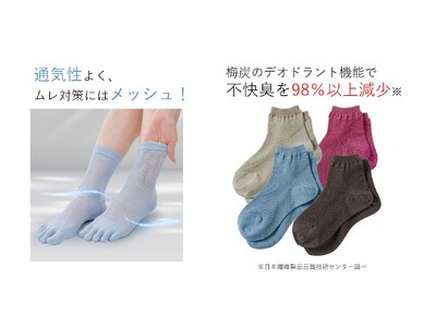 お客様のご要望から生まれた「涼色メッシュ5本指ソックス」と、足裏までメッシュにした、さらっと肌離れのいい履き心地の「梅と和紙のさらさらメッシュソックス」がセシールより販売開始！