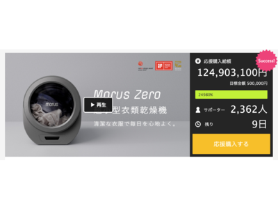 Makuakeにて応援購入総額1億円突破！Morus社の超小型衣類乾燥機「Morus Zero」がスマート家電業界に新しい風を吹き込む！