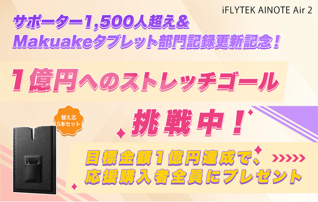 サポーター1,500人超え＆Makuakeタブレット部門記録更新記念！1億へのストレッチゴール挑戦中！音声文字起こし×手書きノート「iFLYTEK AINOTE Air 2」のメイン画像