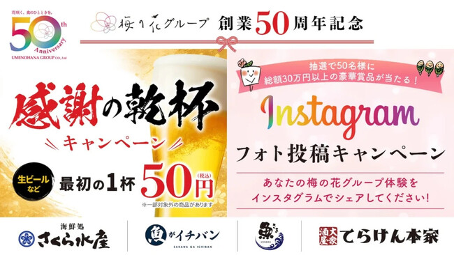 梅の花グループ創業50周年！「さくら水産」など居酒屋４ブランドで“感謝の乾杯50円”キャンペーン実施