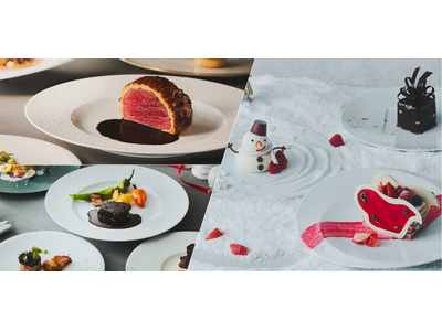 高さ約7mの「生モミの木」が大階段を照らすホテルでクリスマス期間限定ケーキやイタリアンランチ&ディナーを提供