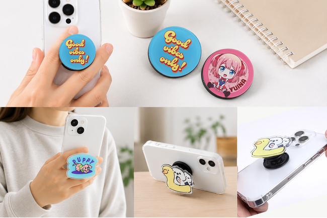 イラストをそのまま形に！オリジナルプリント.jpにフリー型・円形スマホグリップ登場