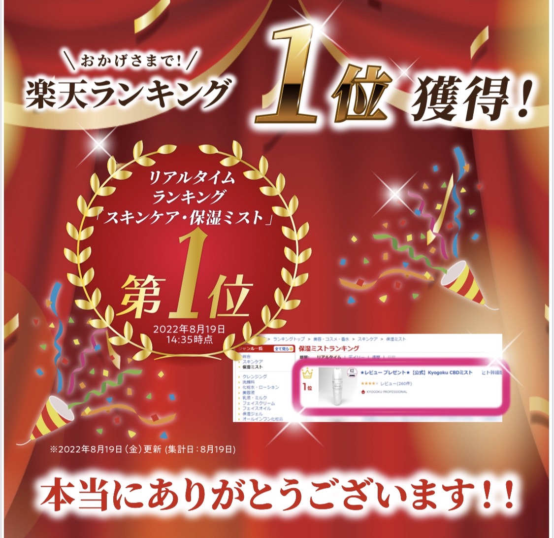株式会社kyogokuが展開する美容ブランド「KYOGOKU PROFESSIONAL」でも人気の「KYOGOKU CBDミスト」が楽天ランキングの「保湿ミストランキング」で１位をいただきました！