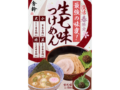 【舎鈴】あの大人気メニューが約1年ぶりに帰ってくる！「生七味つけめん」2月25日（水）より全店で販売開始