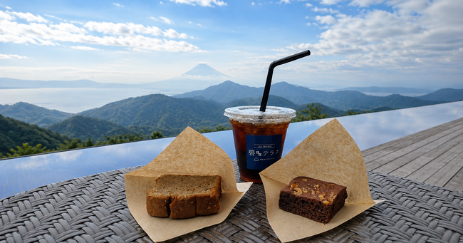 【ごみゼロの日】伊豆パノラマパークの絶景の中で味わう、抽出後のコーヒーを丸ごと発酵再生した新スイーツが登場。アップルパウンドケーキ・ブラウニーの2種を6月20日から新発売