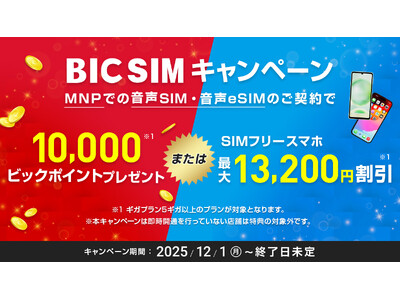 【12月1日から】ビックカメラ店頭申込みならスマホ最大13,200円割引、月額料金は900円～に！「端末購入」も「毎月のスマホ代」もダブルでお得なBIC SIMキャンペーン