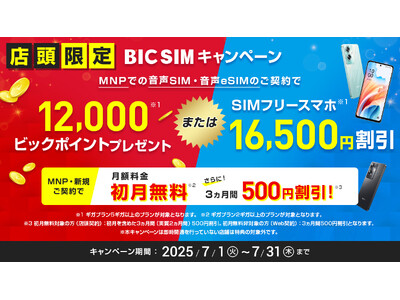 【BIC SIM】ビックカメラグループ店舗での申込みでSIMフリースマホが16,500円割引、またはビッ...