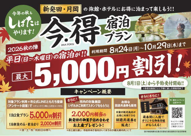 新発田・月岡温泉の旅館・ホテルが最大5,000円割引!「今・得キャンペーン2026【秋の陣】」8月1日(土)より予約受付開始