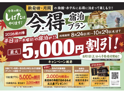 新発田・月岡温泉の旅館・ホテルが最大5,000円割引！「今・得キャンペーン2026【秋の陣】」8月1日（土）より予約受付開始