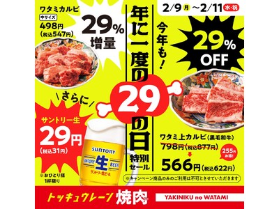 【焼肉の和民】ビール1杯29円の衝撃！自慢のワタミカルビが29％増量！ワタミ上カルビが29％オフ！2月9日から3日間限定！年に一度の肉の日特別セールを開催します！！