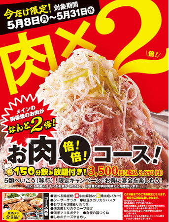 【ミライザカ】５月８日からの新型コロナウイルス5類移行を受け、コロナ生活にバイバイ！「お肉倍々コース」期間限定で提供　～コロナ前御予約　122％超え！！！～　のメイン画像