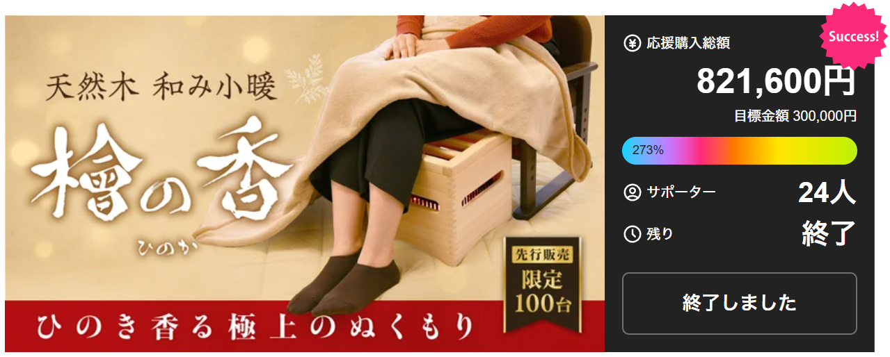 職人仕上げ・国産ひのきの香りとぬくもり　Makuakeで273％を達成した話題の「天然木 和み小暖 檜の香」販売開始