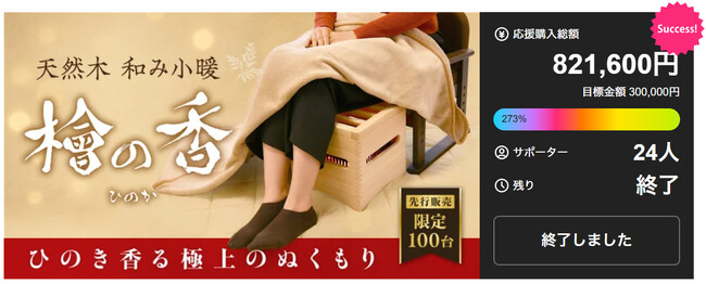 職人仕上げ・国産ひのきの香りとぬくもり　Makuakeで273％を達成した話題の「天然木 和み小暖 檜の香」販売開始