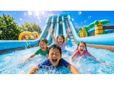 ＼ 水遊びシーズン開幕！／進化したWHATAWON巨大エア遊具『MJMJ』がウォータースライダー化！