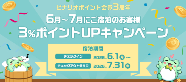 ビナリオポイント会員3周年 6月~7月にご宿泊のお客様3%ポイントUP…
