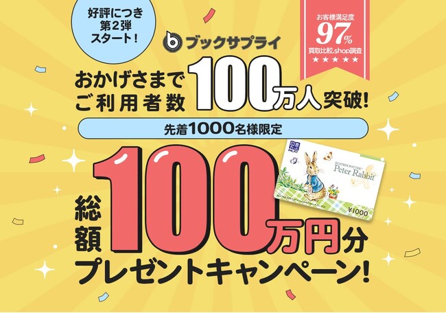 ブックサプライの利用者数が累計100万人突破！100万円分プレゼントキャンペーン第2弾が、5月1日(水)より開始