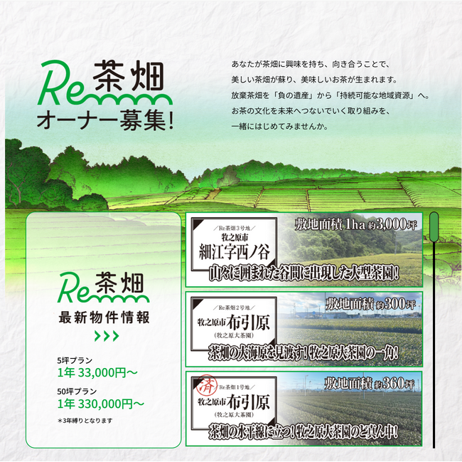 茶畑を手にする、という新しいステータス。 静岡県 牧之原に“自分の茶畑”を持てる 『Re茶畑オーナー』個人・法人を対象に、2026年8月20日（木）より募集開始