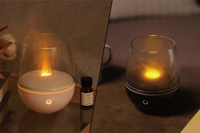 1台で2つの癒し体験。炎のゆらぎと霧の漂いが生む2種類の演出で、ムードに合わせて表情を変える「Aromist Glass(アロミスト グラス)」新発売
