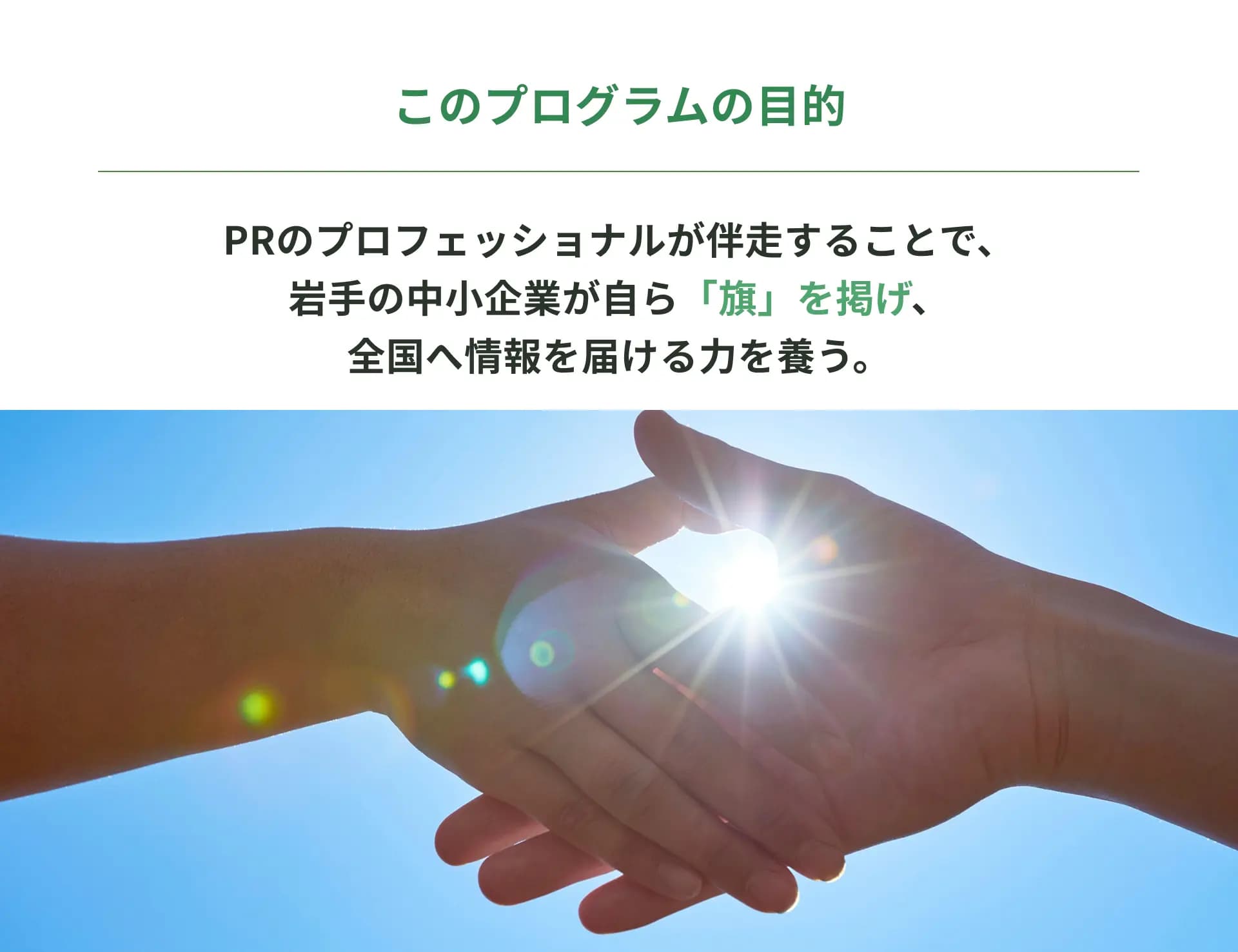 このプログラムの目的：PRのプロフェッショナルが伴走することで、岩手の中小企業が自ら「旗」を掲げ、全国へ情報を届ける力を養う。