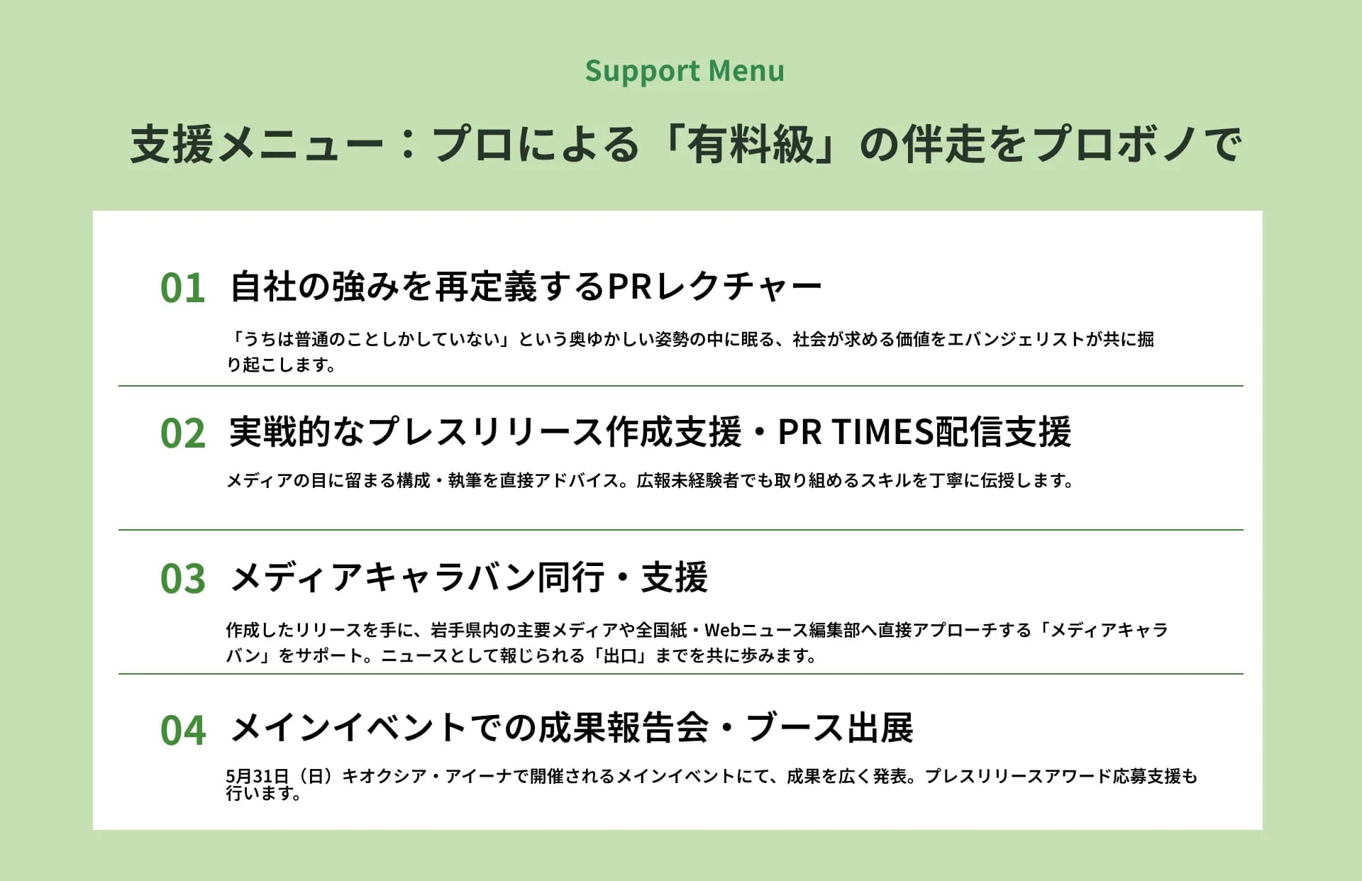 支援メニュー：プロによる「有料級」の伴走をプロボノで